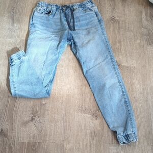 Hollister Men's Light Blue Denim Joggers with Contrast Stitching Small